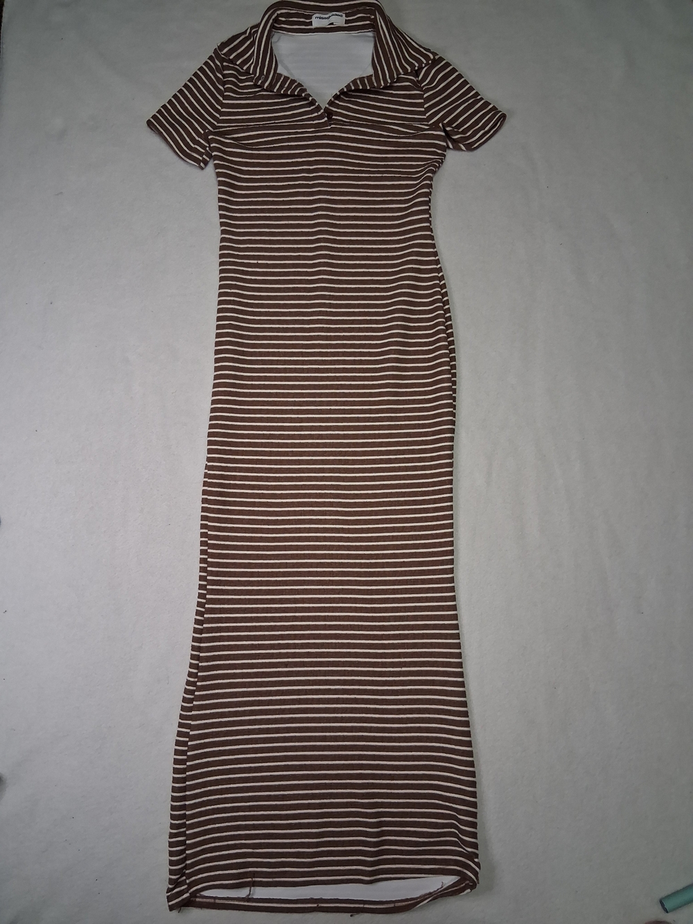 Striped Brown and White Collared Long Maxi Dress